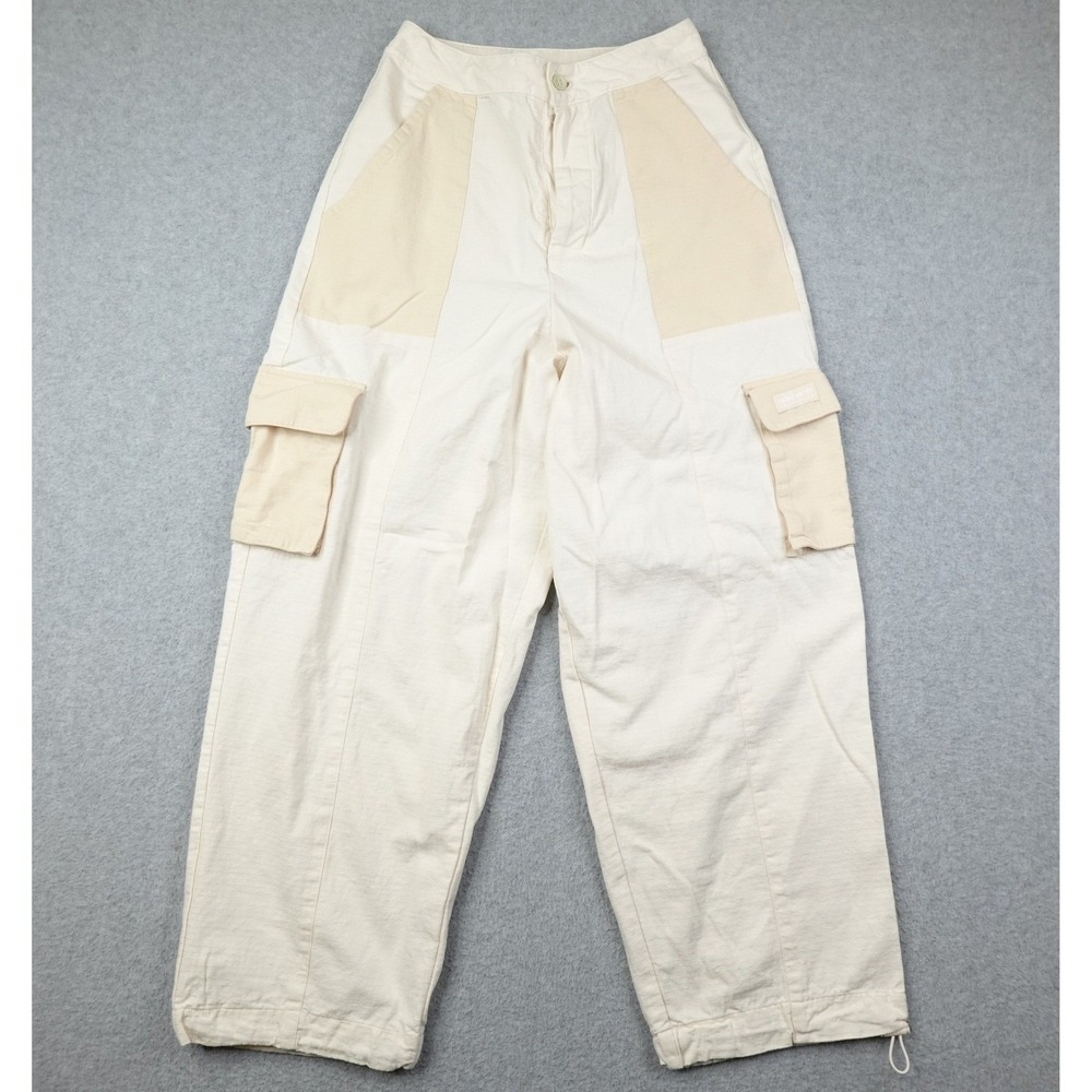 Adidas Cargo Pants Womens 2 Cream Organic Cotton Relaxed Fit Drawstring Ripstop